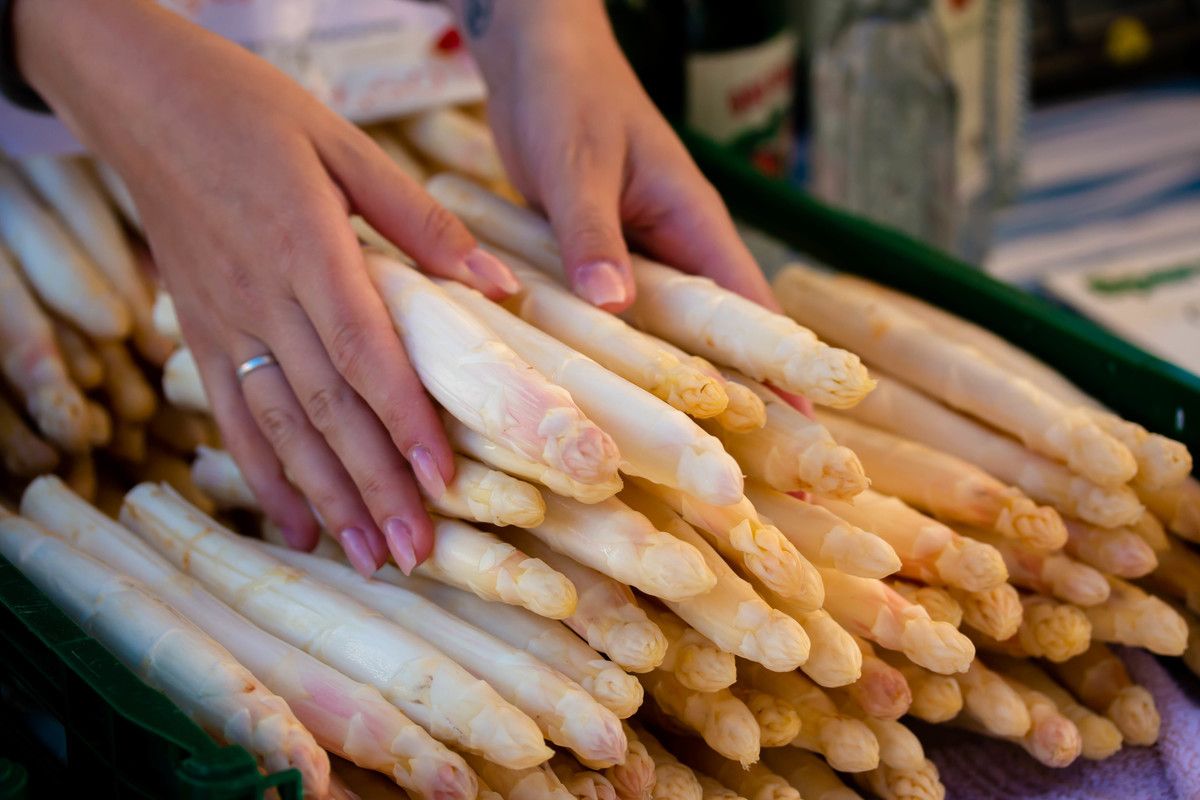 Verkäuferin auf dem Münstermarkt hält Spargel in der Hand