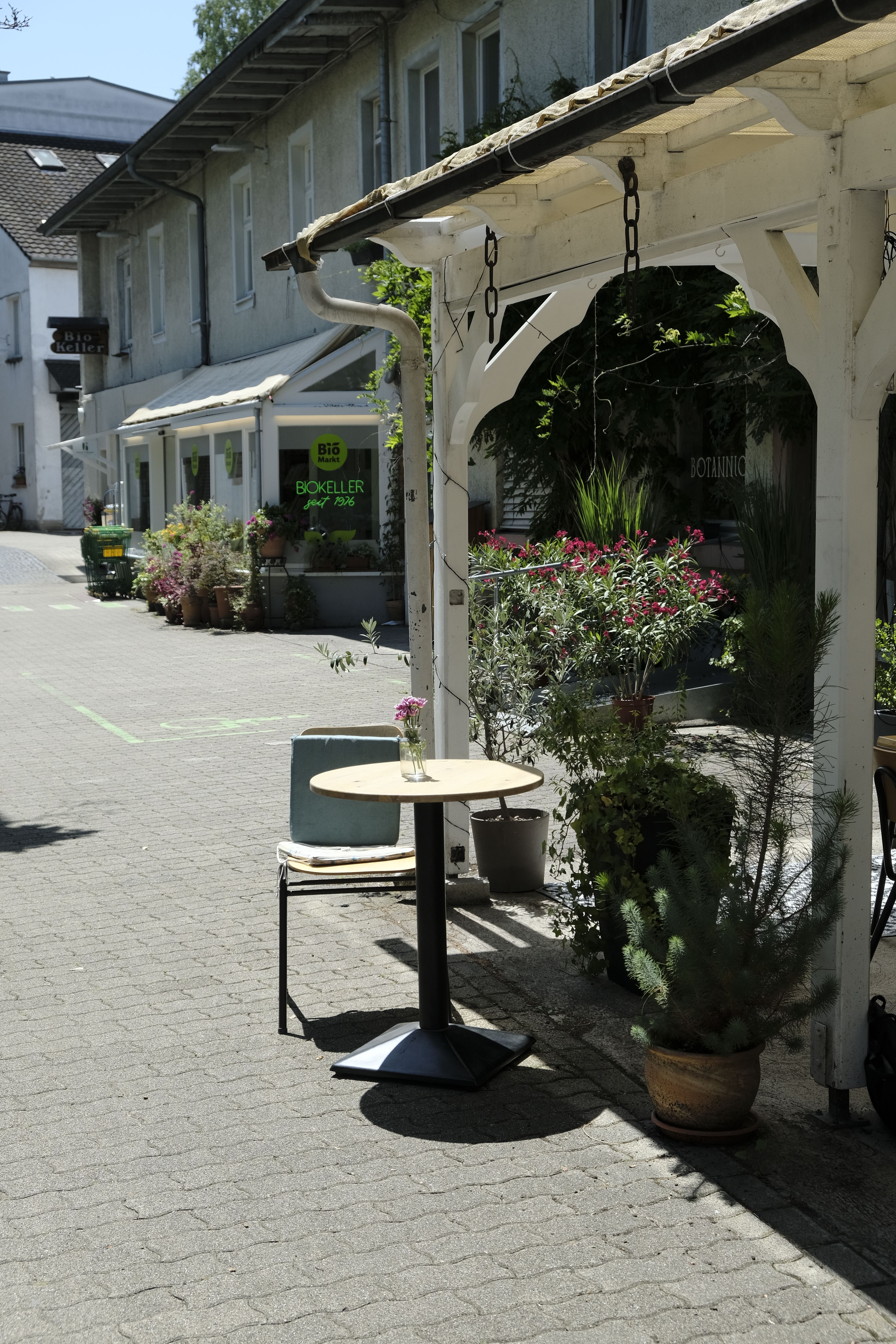 Kleiner Tisch mit Stuhl und Blumen in einem Glas, umgeben von Pflanzen, vor einem Café.