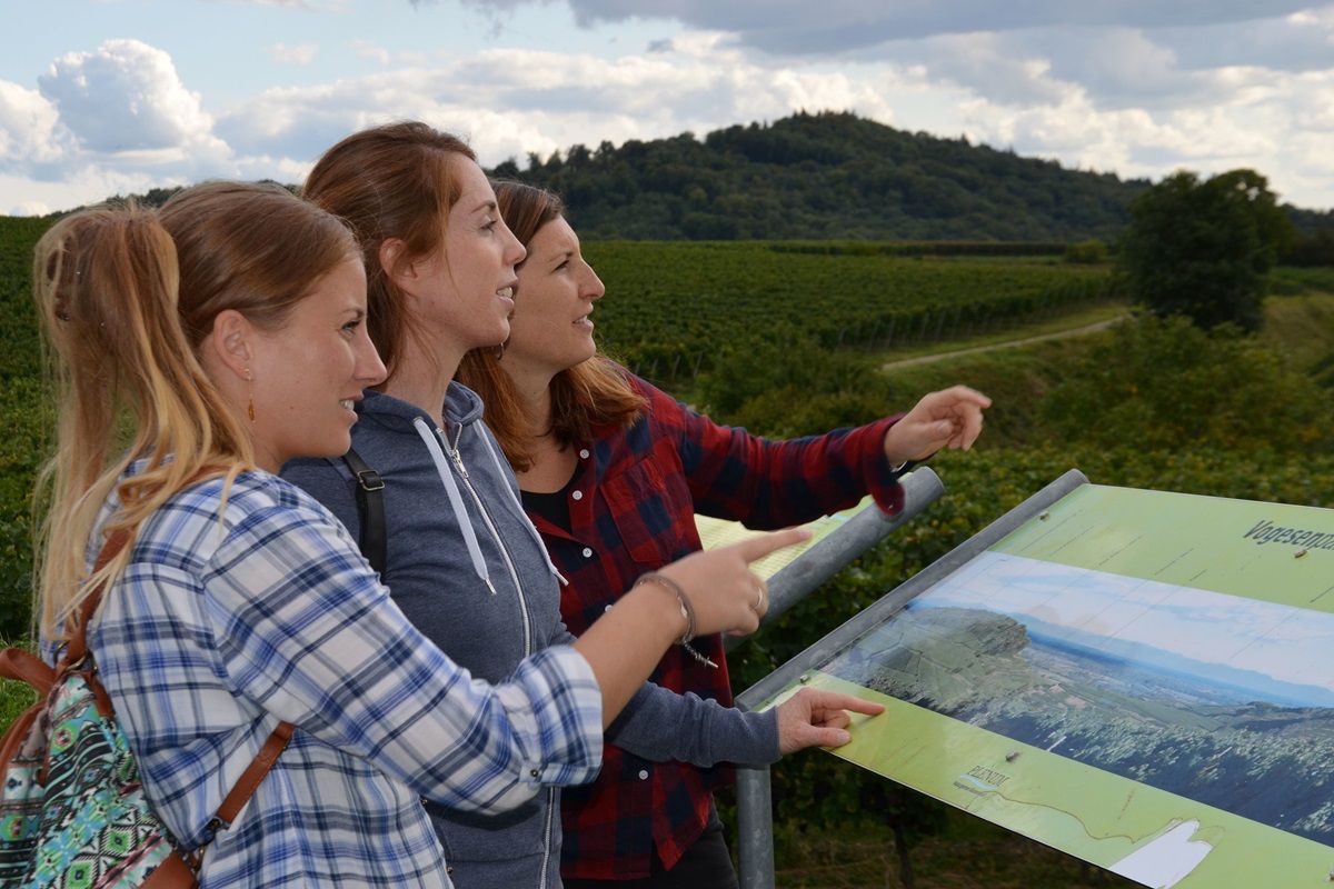 Wanderinnen vor einer Panoramatafel