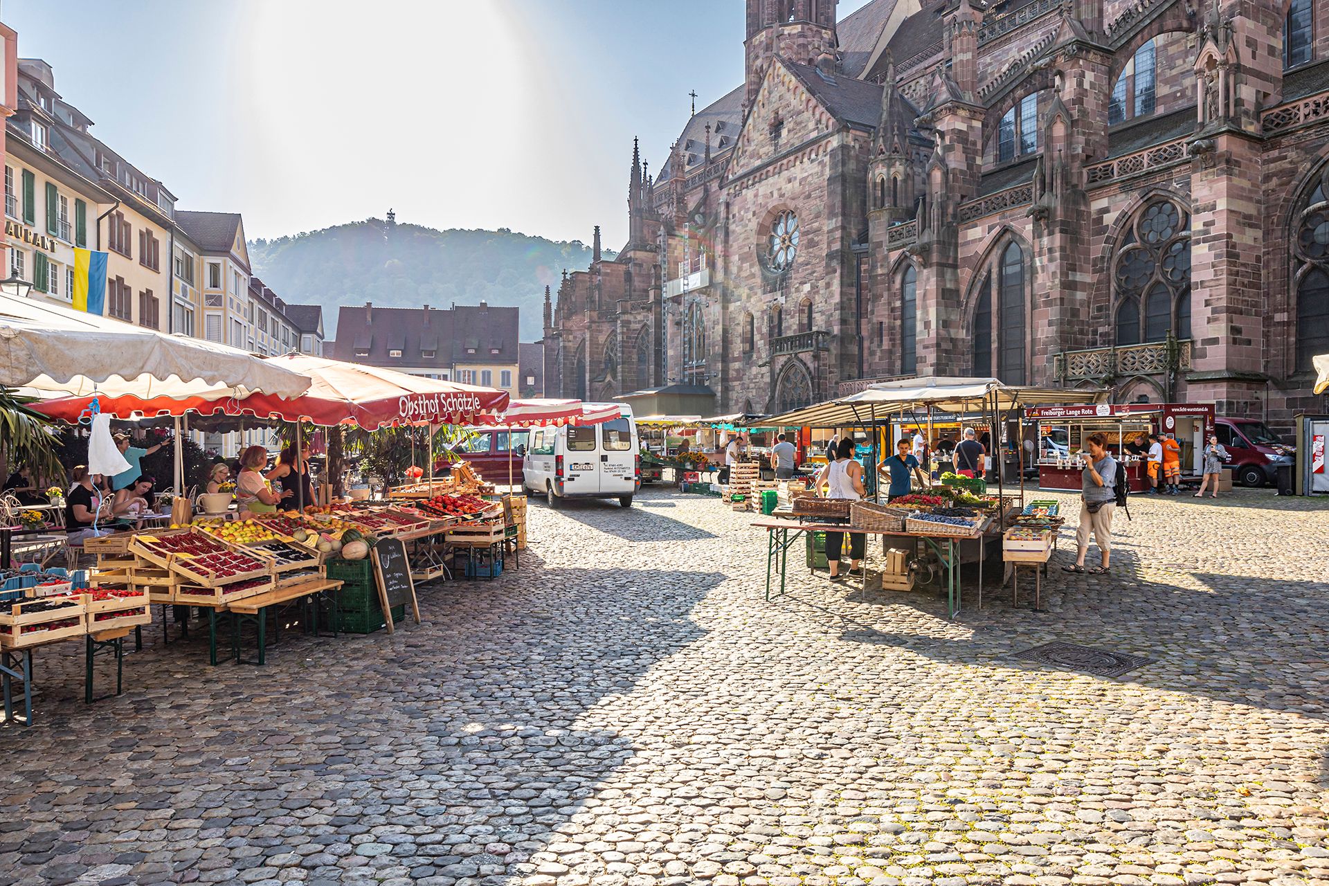 Blick auf die bunten Marktstände des Münstermarktes vor dem Hintergrund des Freiburger Münsters. 