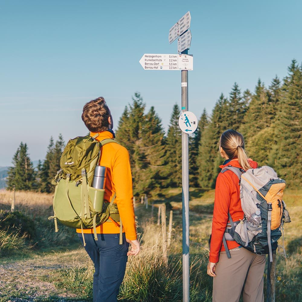 Pärchen steht mit dem Rücken zum Zuschauer, Rucksäcke auf dem Rücken und schaut einen Wegweiser an 