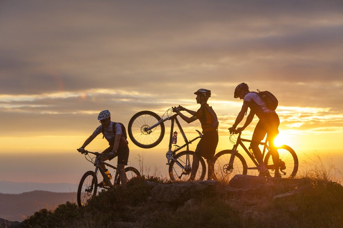 Drei Mountainbike Fahrer bei Sonnenuntergang auf einem Berg