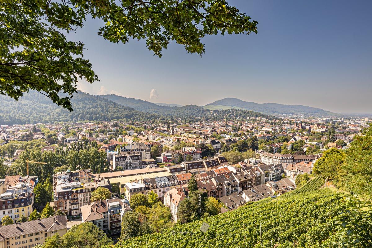 Panoramablick auf Freiburg vom Schlossberg