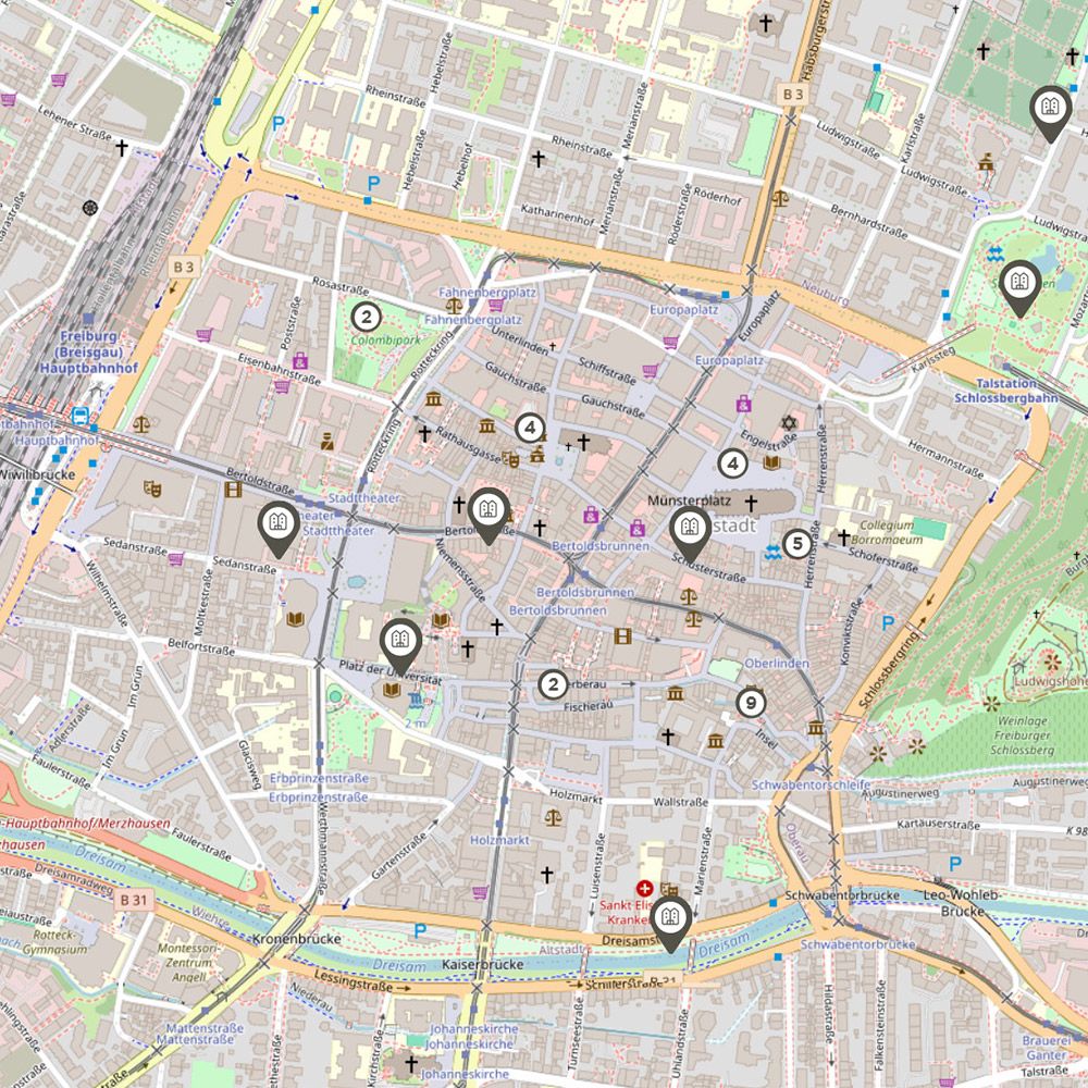 Auschnitt des Stadtplans von Freiburg Innenstadt