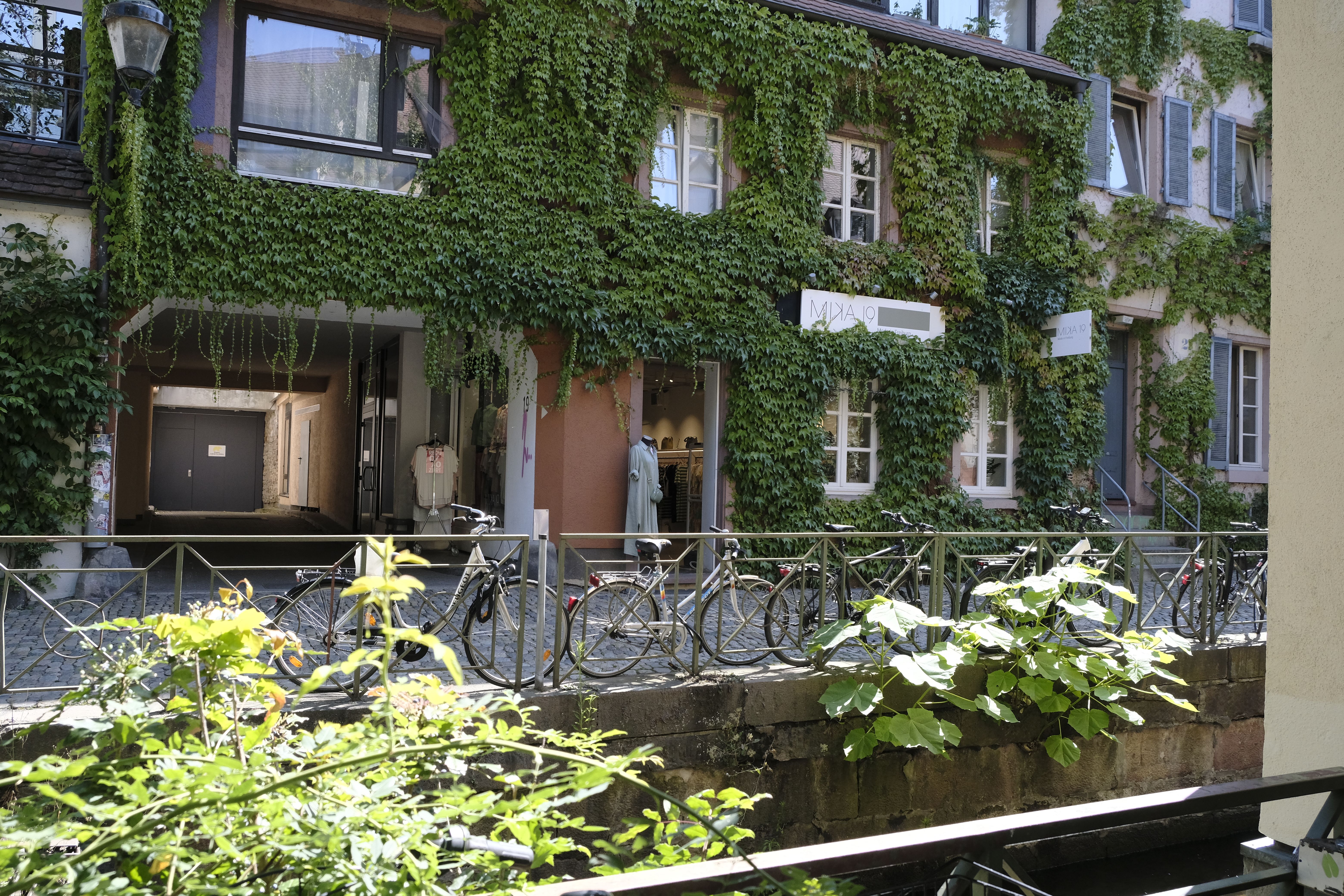 Ein Gebäude mit Efeu bewachsen, mit dem Schild MIKA 19, Schaufenster und Fahrräder davor. Ein schmaler Durchgang führt ins Innere. Pflanzen im Vordergrund.