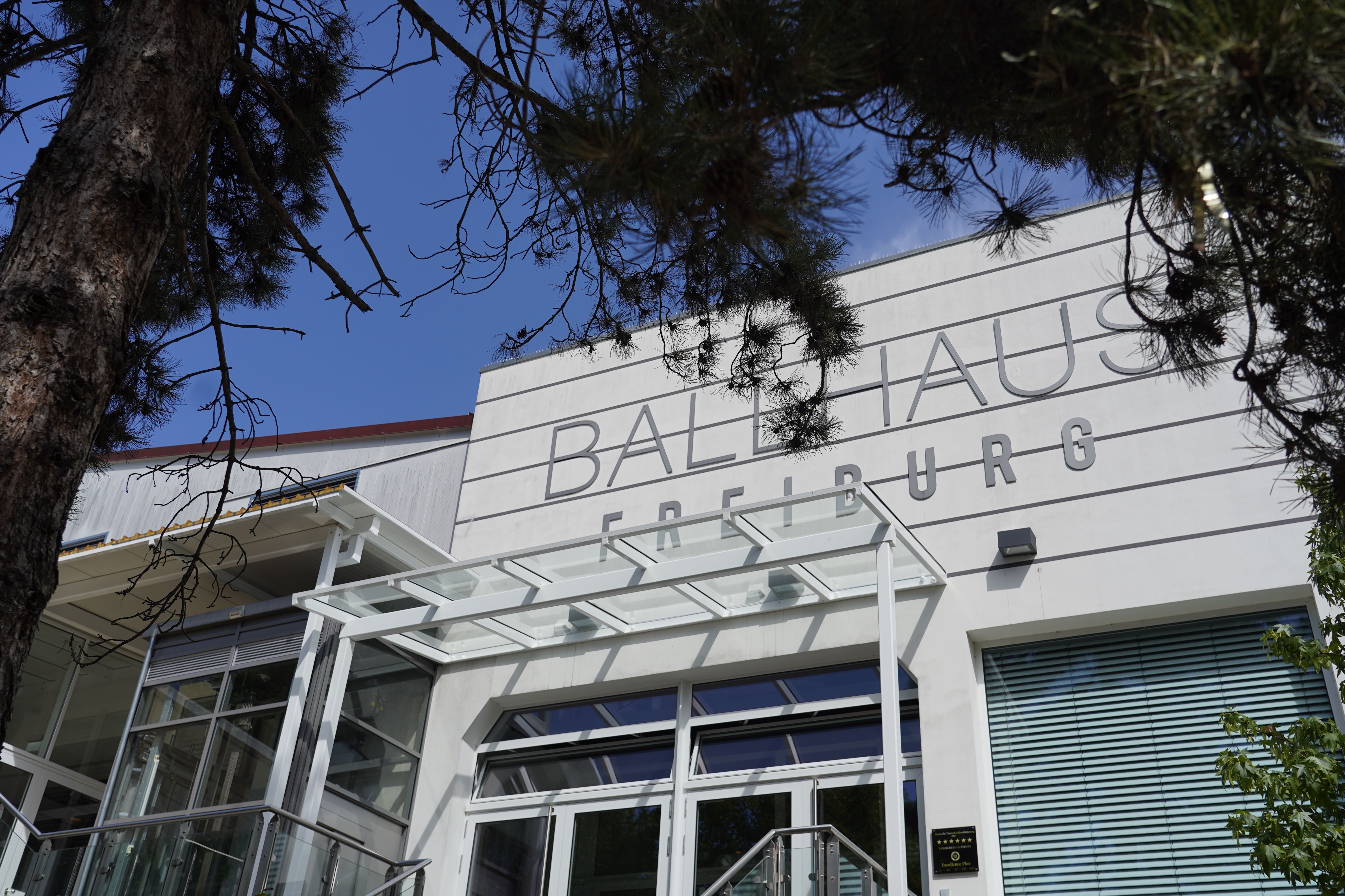 Eingang des Ballhaus Freiburg mit moderner Glasüberdachung und großem Schriftzug. Bäume rahmen das Gebäude ein, blauer Himmel im Hintergrund.